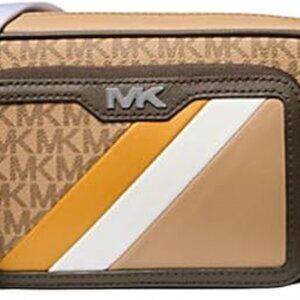 New Michael Kors Rivington Striped Logo Camera Bag Golden Rod Multi with Pouch